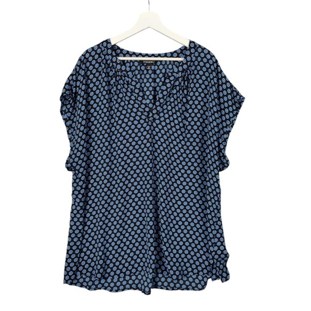 Roz & Ali Womens 3X Blouse Top Black Blue Floral Boxy V-Neck Floral Geometric